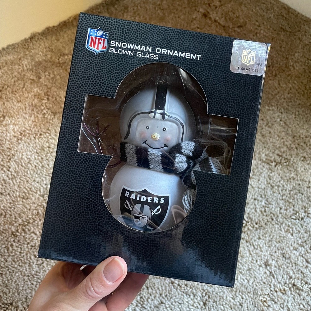 Oakland Raiders Christmas Ornament Glass Blown Snowman Winter NFL Football Fan